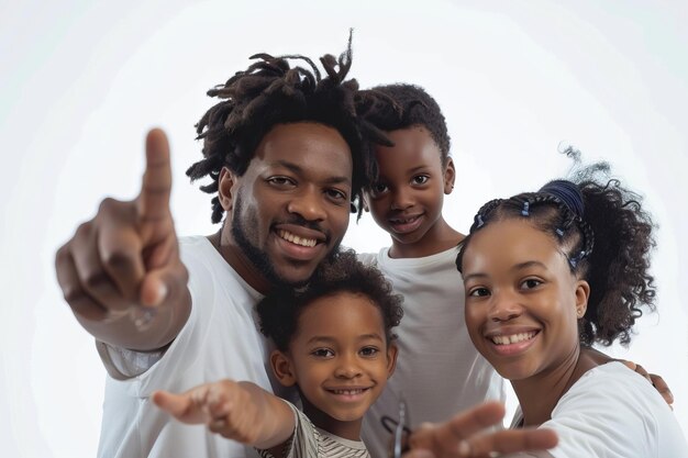 afro american young family pointing at empty copy space isolated on white background