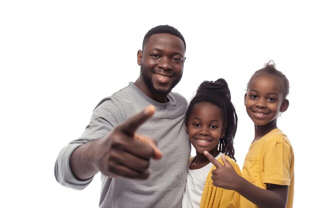 afro american young family pointing at empty copy space isolated on white background