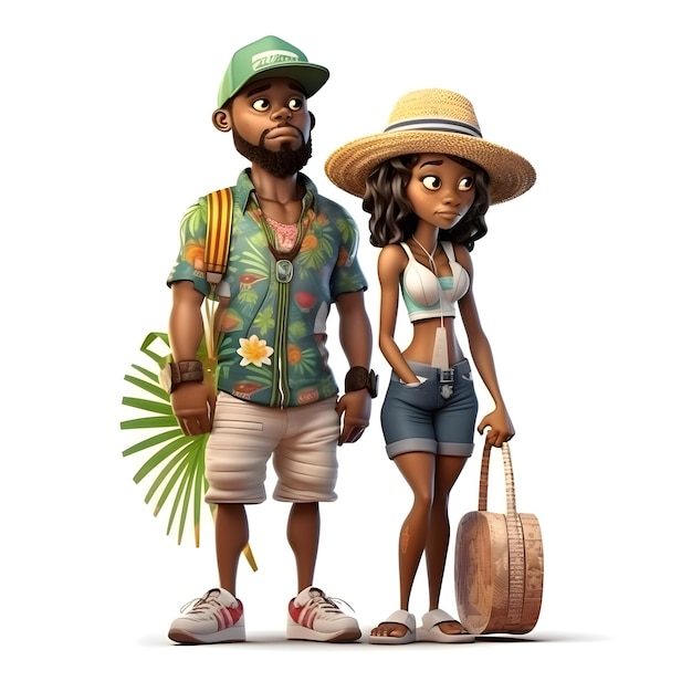 Afro-Amerikaans echtpaar in zomerkleding met een strohoed en een rugzak