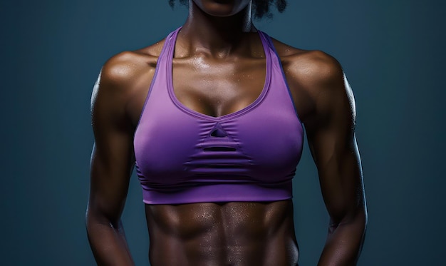 Foto afro-amerikaans fitnessmodel torso in paarse top met goed gedefinieerde buikspieren