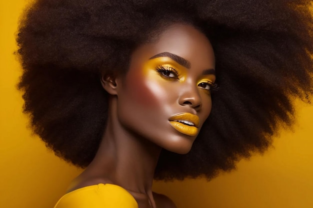 Afro-Amerikaans model Zelfverzekerde jonge brunette vrouw met afro haar creatieve gele make-up AI generatie