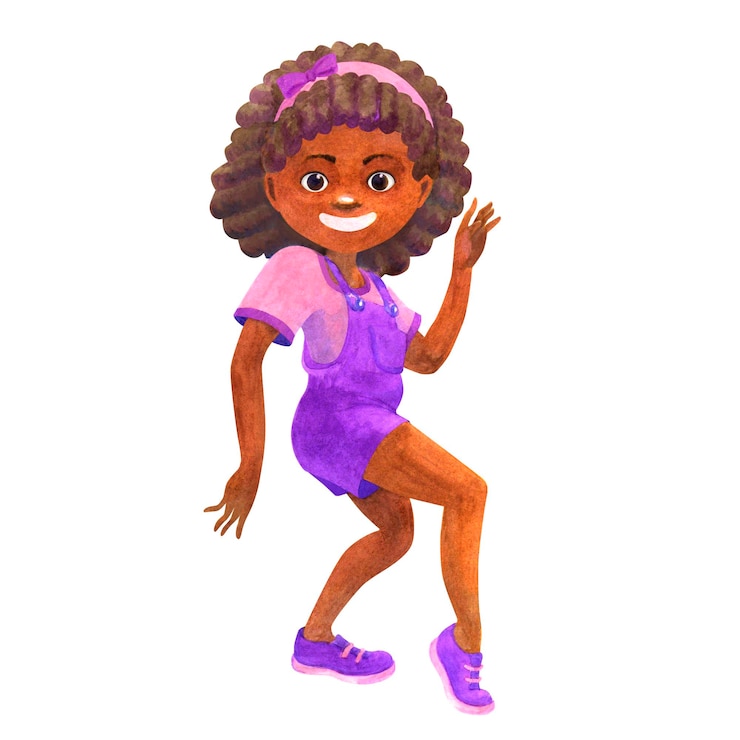 Foto afro-amerikaans tienermeisje dat vrolijk danst partijconcept geïsoleerd waterverf met de hand getekend personage