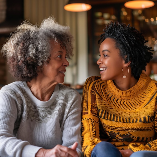 Foto afro-amerikaans vrouwelijk echtpaar van moeder en dochter glimlachend samen thuis aan het praten