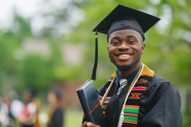 Afro-Amerikaanse afgestudeerde in kente stof gestolen stralend van trots op de afstudeerdag