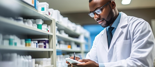 Afro-Amerikaanse apotheker aan het werk in de apotheek die medicijnvoorraden controleert