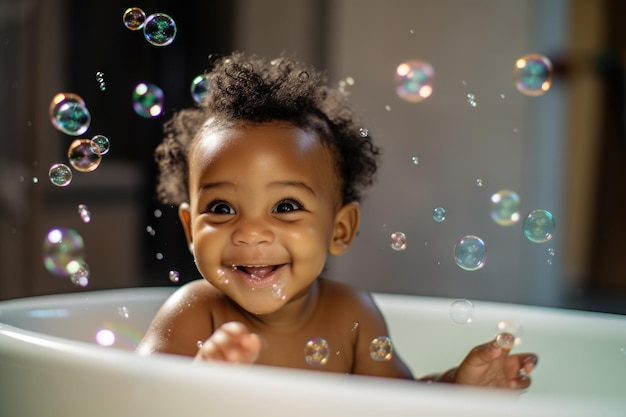 Afro-Amerikaanse baby in bad Een lachende baby spettert vrolijk in een badkuip omringd door bubbels