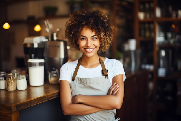 Afro-Amerikaanse barista die een schort draagt en aan het werk is in een café.