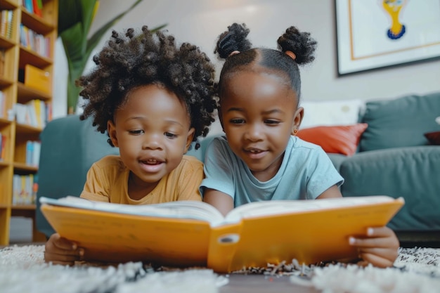 Foto afro-amerikaanse broers en zussen lezen verhalenboek in quarantaine