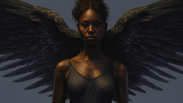 Afro-Amerikaanse engel met zwarte vleugels.