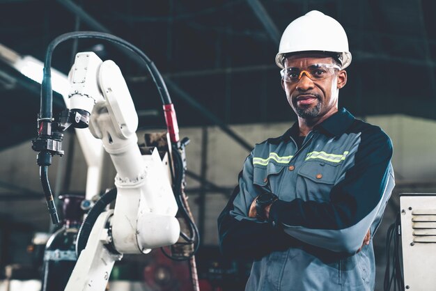 Afro-Amerikaanse fabrieksarbeider die werkt met een bedreven robotarm