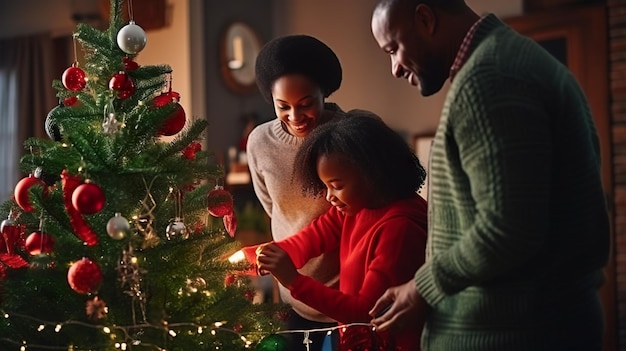 Foto afro-amerikaanse familie versiert kerstboom in de woonkamer