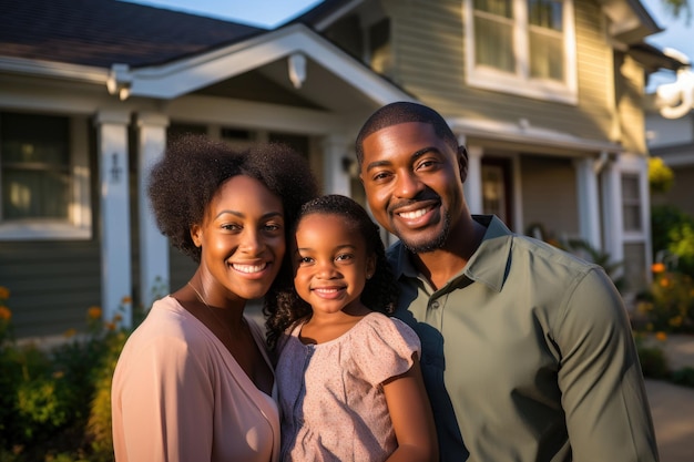 Afro-Amerikaanse familie voor nieuw gekocht huisbezit glimlacht trots