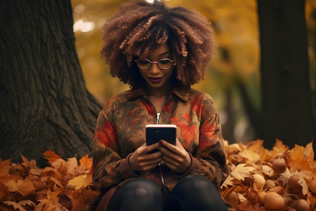 Afro-Amerikaanse jonge volwassen vrouw die op de grond zit in gevallen herfstesdoornbladeren en naar binnen kijkt