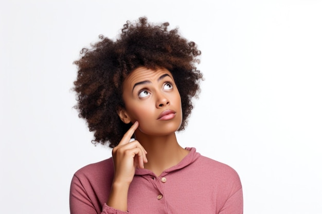 Foto afro-amerikaanse jonge vrouw twijfelachtig denken of kiezen concept