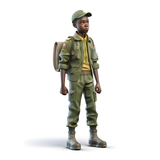 Afro-Amerikaanse jongen in militair uniform op witte achtergrond 3D-illustratie
