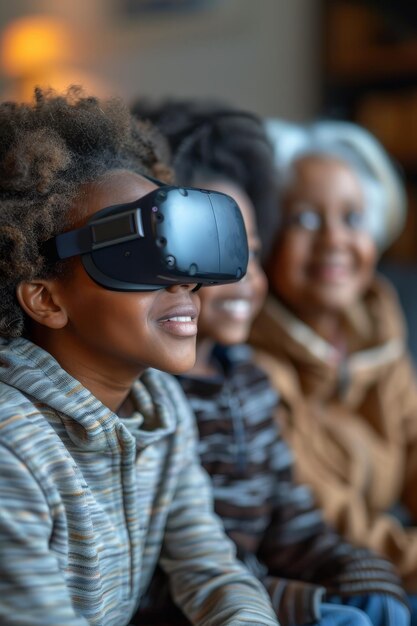 Afro-Amerikaanse kleinkinderen en grootmoeder verkennen virtuele realiteit