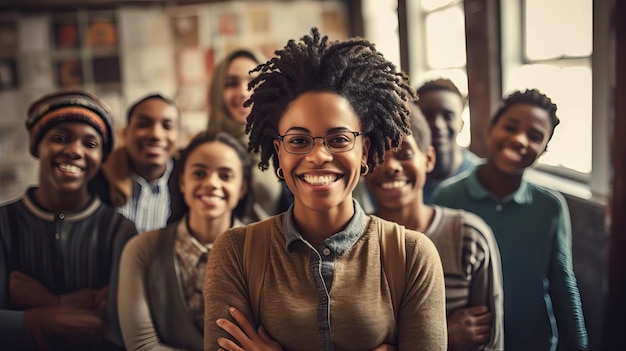 Afro-Amerikaanse leraar blij lachend omringd door kinderen die op multiculturele school leren