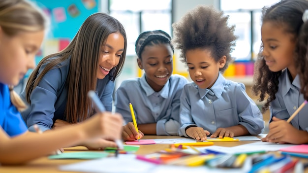 Afro-Amerikaanse leraar en multi-etnische kinderen tekenen en zitten samen rond de tafel