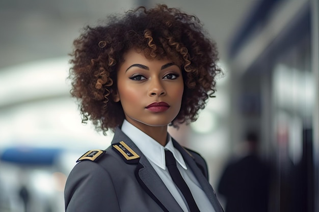 Afro-Amerikaanse luchtpiloot op vliegtuig glimlachend portret stewardess lacht naar camera