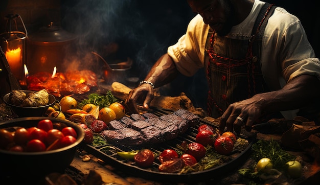 Afro-Amerikaanse man bereidt vlees en groenten op de grill Heerlijke maaltijd gekookt in brand Generatieve AI