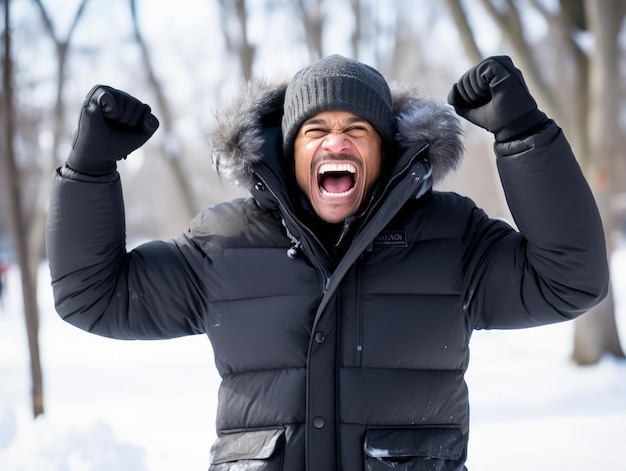 Afro-Amerikaanse man geniet van de winter sneeuwdag in speelse emotionele dynamische pose