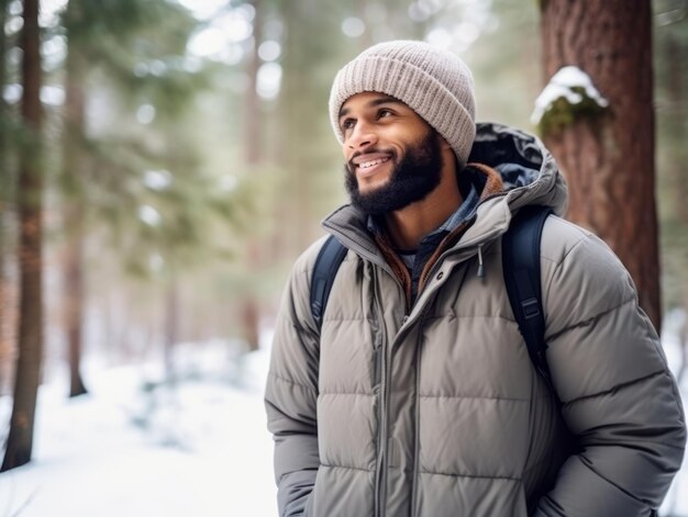 Afro-Amerikaanse man geniet van de winter sneeuwdag in speelse emotionele dynamische pose