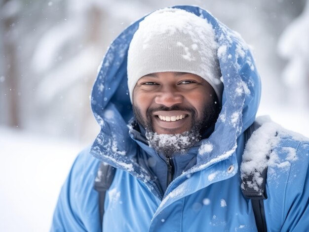 Afro-Amerikaanse man geniet van de winter sneeuwdag in speelse emotionele dynamische pose