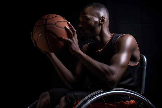 Afro-Amerikaanse man in rolstoel die basketbal speelt Basketbal Generatieve AI