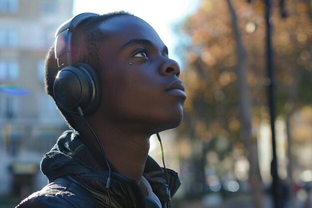 Foto afro-amerikaanse man met koptelefoon buiten