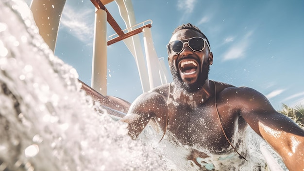 Afro-Amerikaanse man met zonnebril die plezier heeft in een waterpark op vakantie