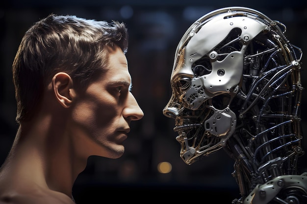 Afro-Amerikaanse man versus robot kijken elkaar aan van aangezicht tot aangezicht zijaanzicht Neuraal netwerk gegenereerd in mei 2023 Niet gebaseerd op een daadwerkelijke persoonsscène of patroon