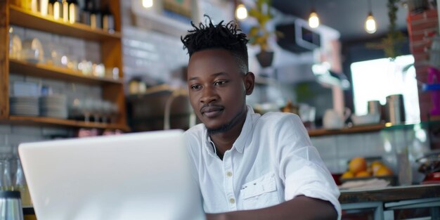 Afro-Amerikaanse man werkt aan een laptop Generatieve AI