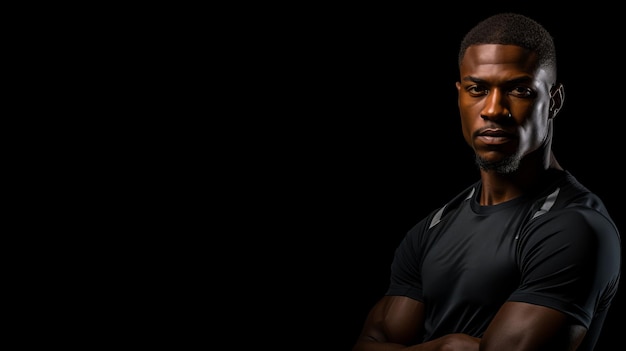 Afro-Amerikaanse mannelijke fitnessmodel trainer geïsoleerd tegen een zwarte achtergrond