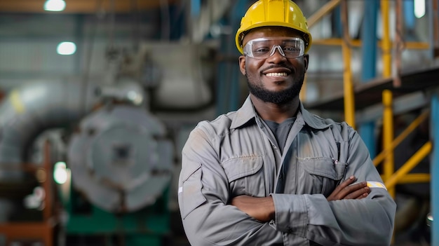 Afro-amerikaanse mannelijke ingenieur in uniform glimlachend en staand met de arm gekruist in een industriële fabriek