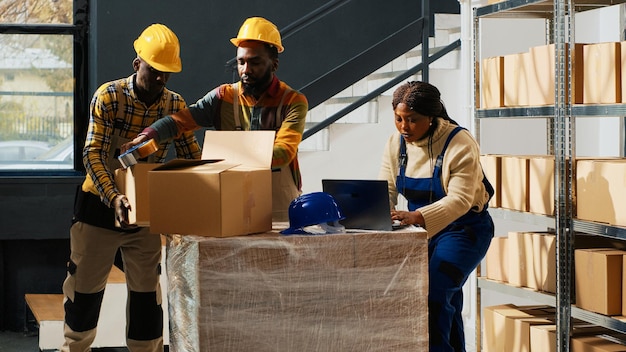 Afro-Amerikaanse medewerkers zijn opgeleid om apparatuur te gebruiken en werken met vaardigheden op de verpakkingsafdeling. Team van mensen die handelsdozen gebruiken om producten te verzenden, voorraaddistributie.