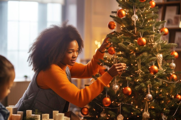 Afro-Amerikaanse moeder en dochter versieren samen een kerstboom