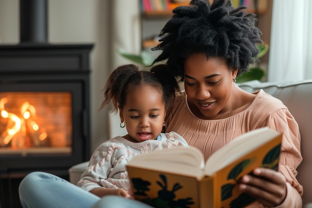 Afro-Amerikaanse moeder en zoon lezen in de woonkamer van haar huis Internationale dag van het boek