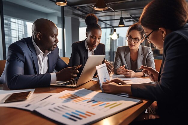 Afro-Amerikaanse onderzoeksbureau collega's in een vergadering over start-up project financiële status