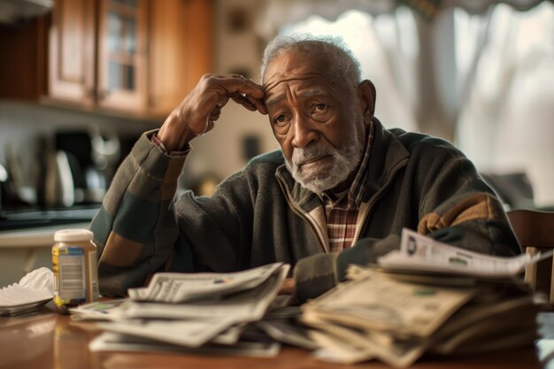 Afro-Amerikaanse oudere man zit aan zijn keukentafel omringd door stapels achterstallige rekeningen