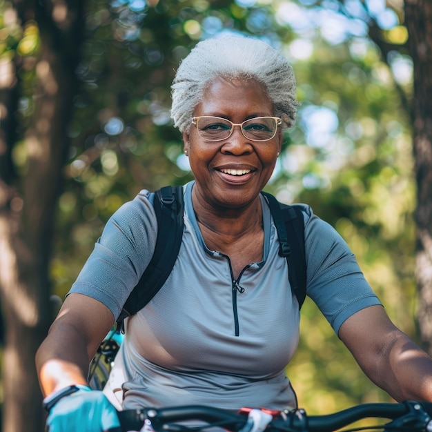 Foto afro-amerikaanse oudere vrouw op de fiets actief ouderdom concept
