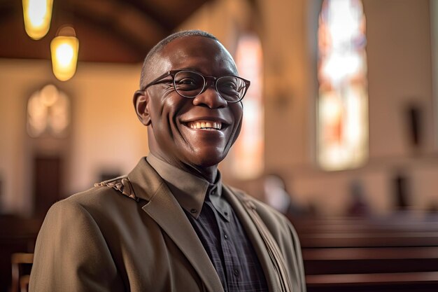 Afro-Amerikaanse predikant protestantse priester van de kerk glimlachend in de kerk