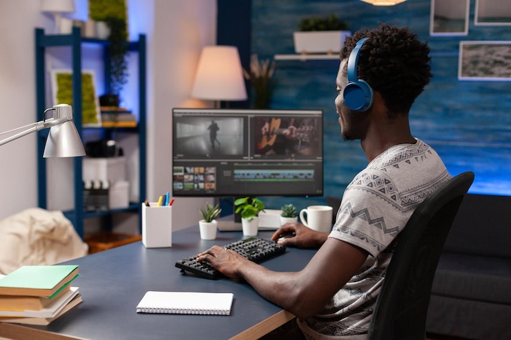 Foto afro-amerikaanse redacteur die videomontage retoucheert en visuele effecten voor filmproject op computer bewerkt. videograaf man die op afstand van huis werkt aan beelden met behulp van digitale postproductiesoftware