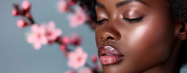 Afro-Amerikaanse schoonheid versterkt door bloeiende voorjaarsbloemen