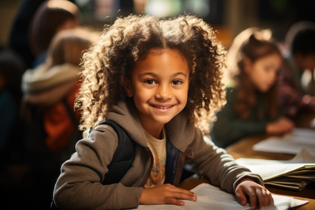 Foto afro-amerikaanse studenten die examens doen in de klas op de basisschool leuke kleine jongen die op de tafel zit zich opgewonden en gelukkig voelen terwijl ze leren met leraren in de kleuterschool