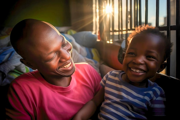 Afro-Amerikaanse vader en zoon praten thuis en juichen.