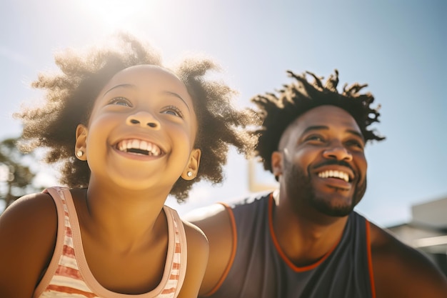 Afro-Amerikaanse vader en zoon spelen basketbal op het veld Gezamenlijke familie spel vrije tijd