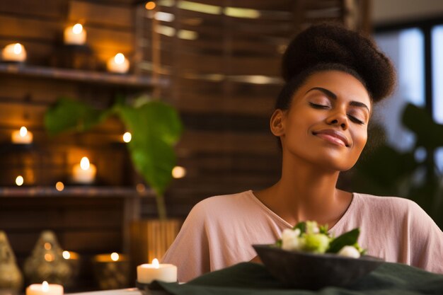Afro-Amerikaanse vrouw die een ontspannende massage krijgt in de spa.