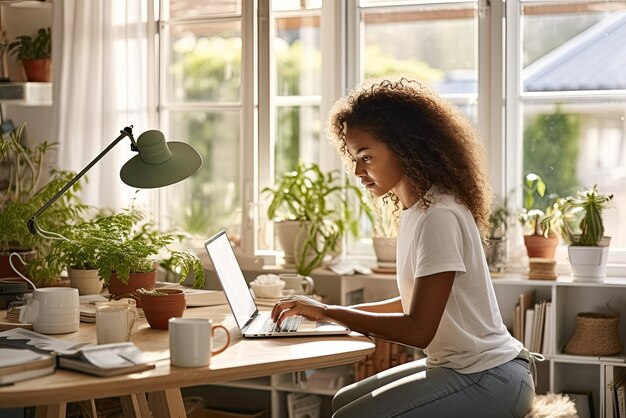 Foto afro-amerikaanse vrouw die thuis aan een laptop aan het bureau werkt