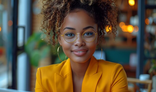 Foto afro-amerikaanse vrouw freelancer in geel pak zit in een modern café en werkt aan een laptop