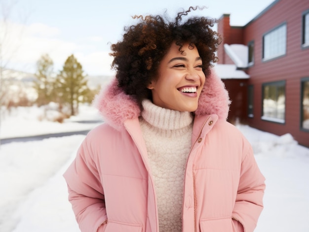 Afro-Amerikaanse vrouw geniet van de winter sneeuwdag in speelse emotionele dynamische pose